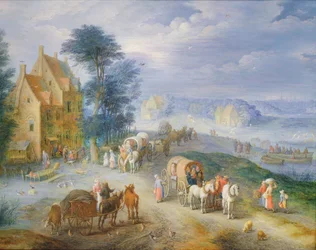 Paisaje con campesinos, carros y un ferry